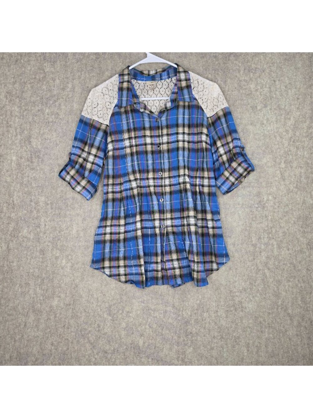 Daytrip Womens Plaid Button-Up Shirt Blue & Cream Lace Size L 100% Cotton Casual
